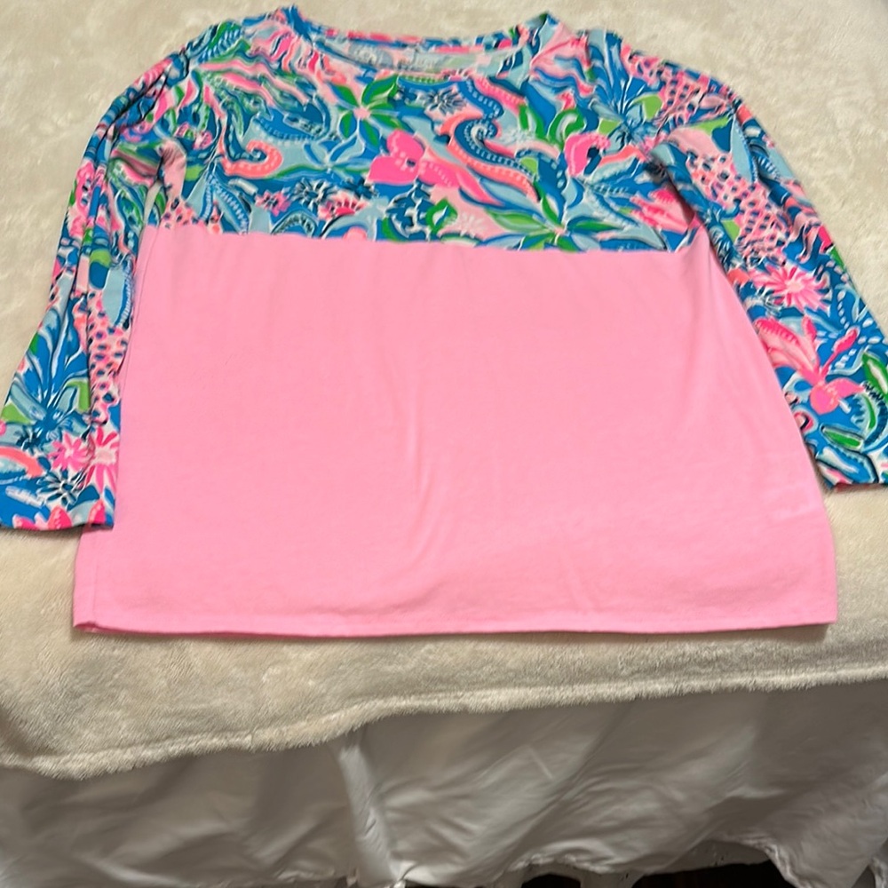 Lilly Pulitzer Finn Top 3/4 Sleeve Turquoise Oasis Golden Hour
